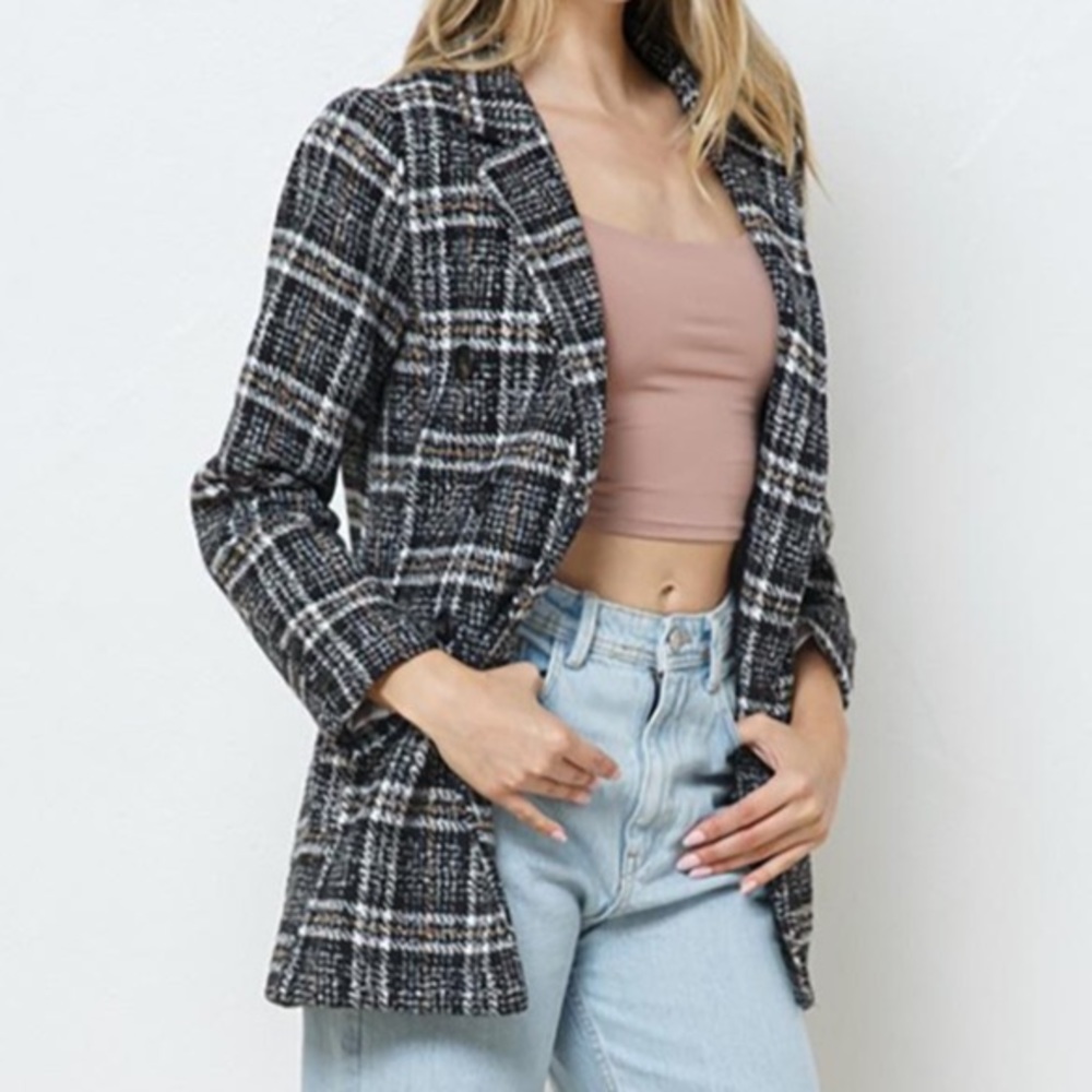 Boutique Blue B collection plaid tweed blazer brown size M - Picture 15 of 16